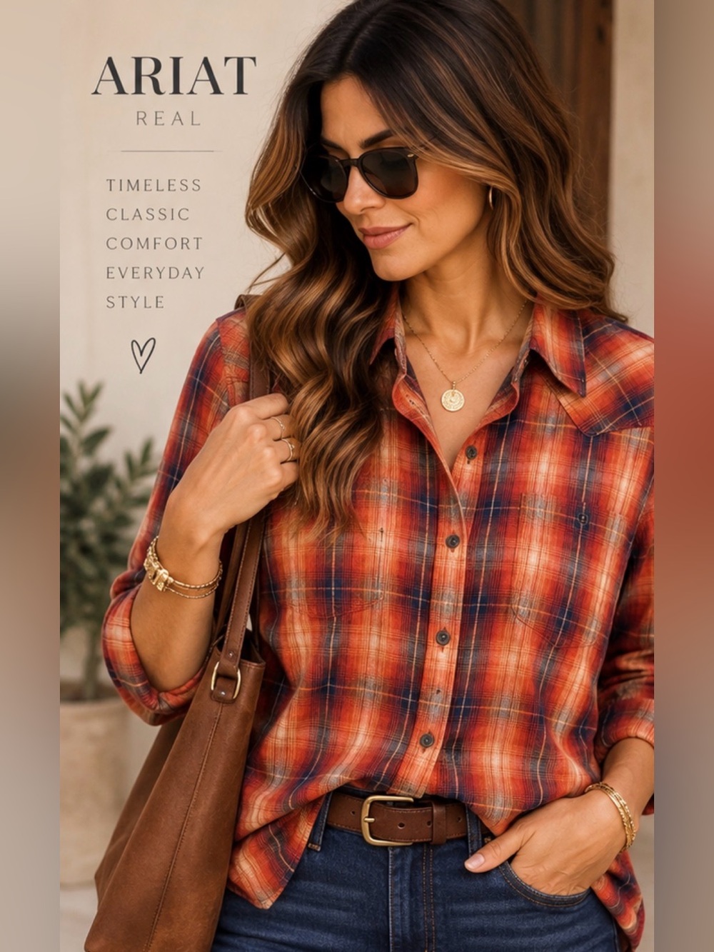 Ariat REAL Women’s XL Orange Plaid Relaxed Western Shirt